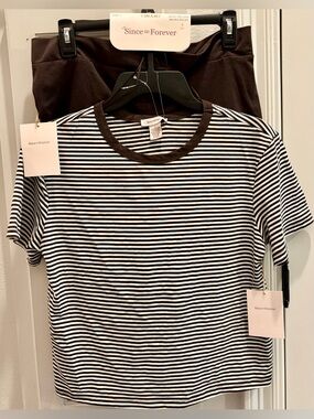 NWT SINCE FOREVER Brown & White Striped Short Sleeve Tee and Short Set